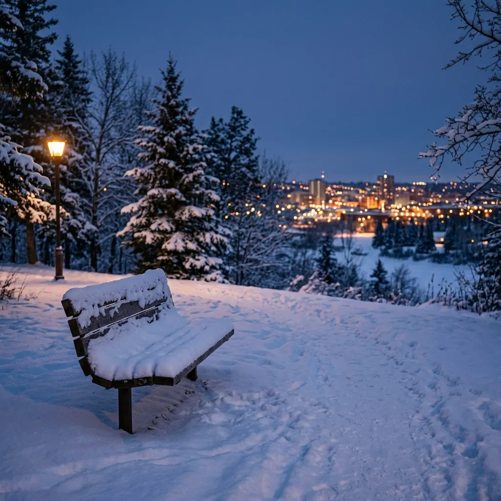 Quiet snowy bench at dusk